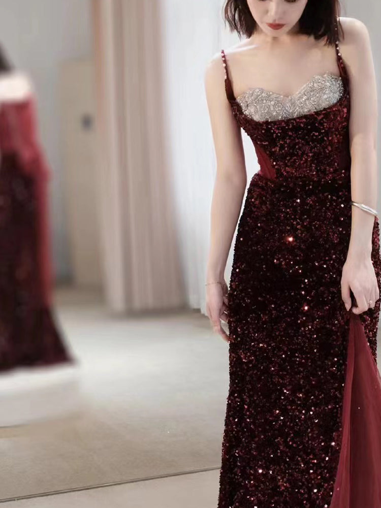 Bridal Fishtail Wine Red Sling Wedding Dress