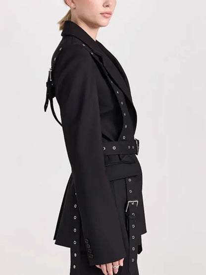 Fashionable Temperament Rivet Buckle Decorative Design Tight Waist Slimming Suit Coat Women&