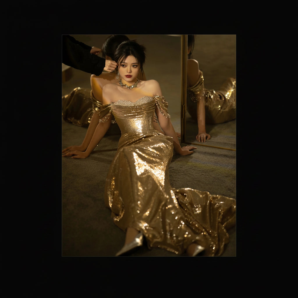 Gold Evening Dress Sequined Off-shoulder Tube Top Toast Dress Bridal Fishtail Dress