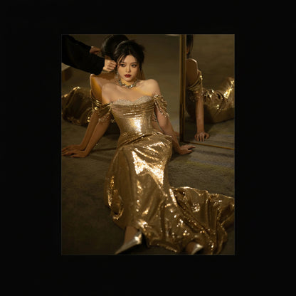 Gold Evening Dress Sequined Off-shoulder Tube Top Toast Dress Bridal Fishtail Dress