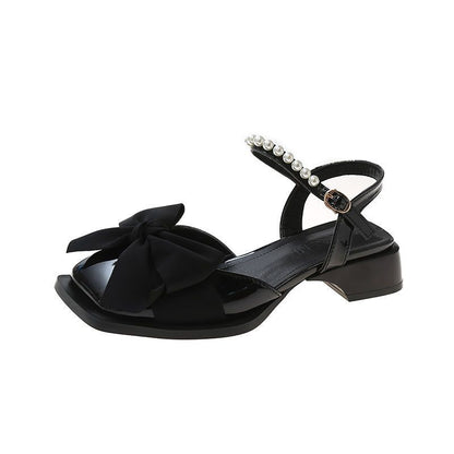Summer Bow-Knot Pearl Low-to-Mid-Heel Leather Shoes