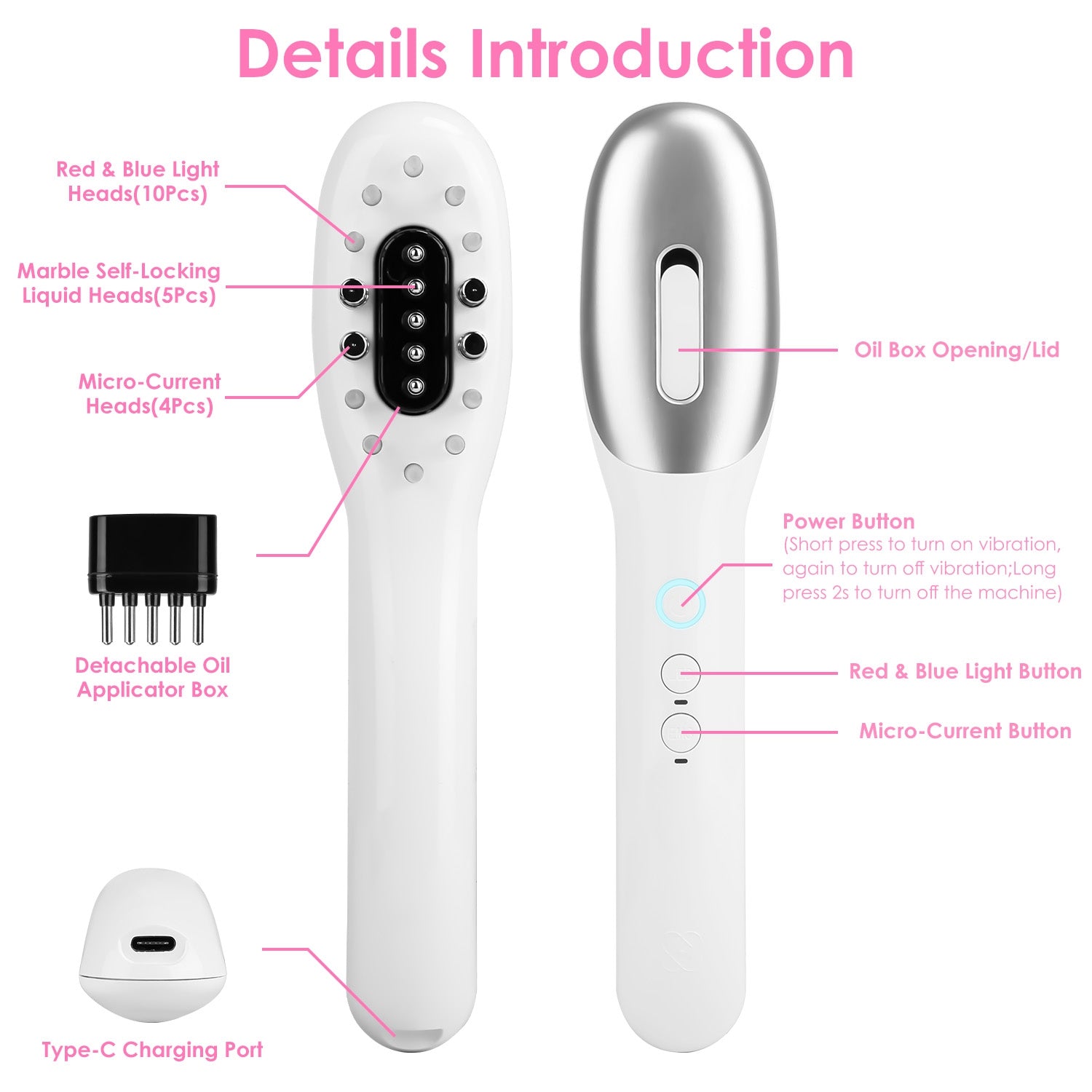 1Pc Electric Scalp Massage Comb Microcurrent Hair Brush Handheld Head Scratcher Massager Hair Oil Applicator With Vibration Micro-Current Mode Red &amp; Blue Light Therapy Oil Applicator