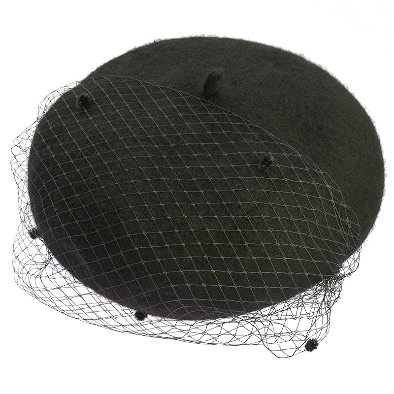 Vintage French Mesh Veil Pom Pom Versatile Wool Beret