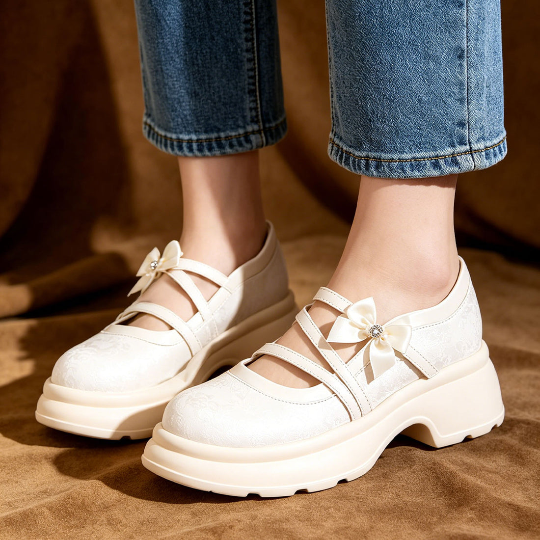 Sweet Bow Platform Mary Jane Shoes, Ivory Chunky Sole Pumps For Daily Wear