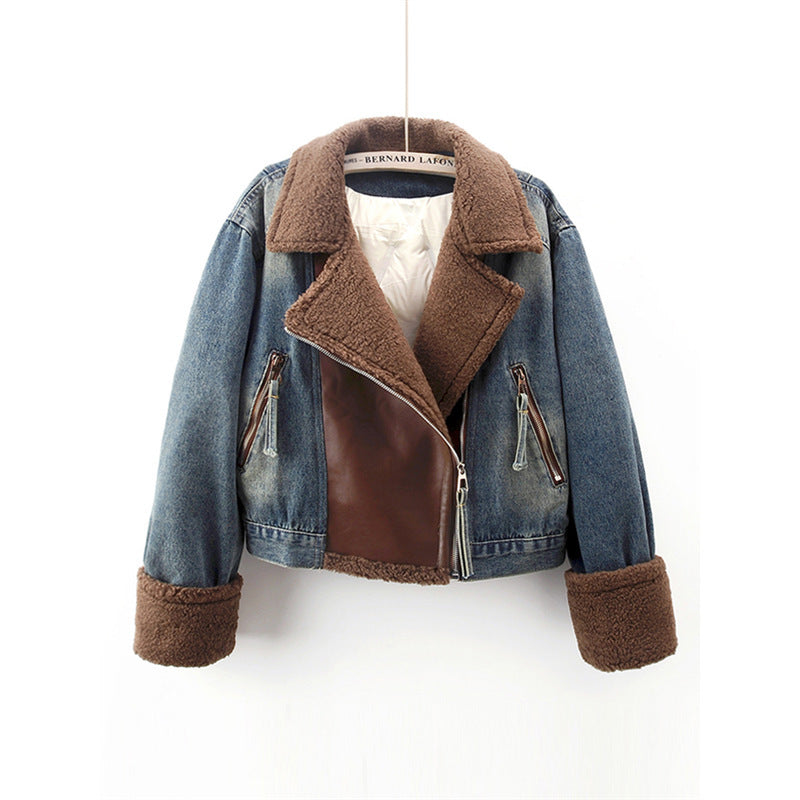 Lamb Wool Stitching Lightweight Down Liner Fleece-lined Denim Coat Women&