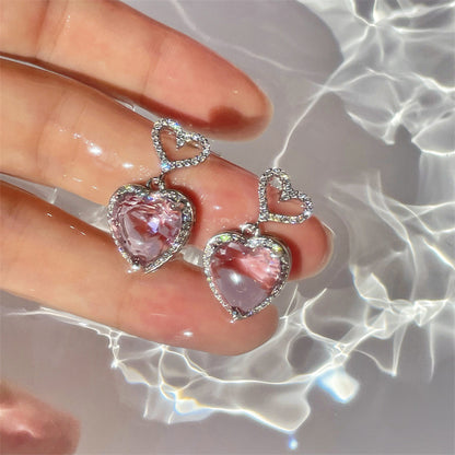 New Light Luxury Premium Feeling Pink Crystal Heart Earrings For Women Girls Niche Design Earrings Birthday Jewellery Gift