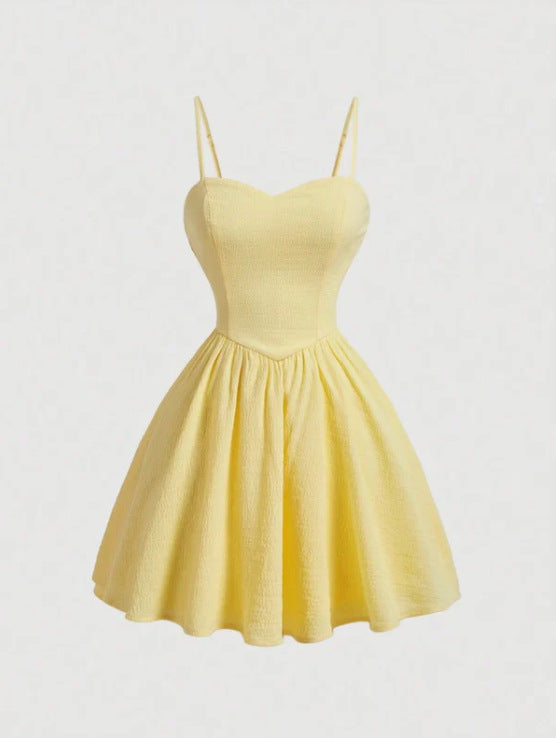 Womens Lemon Floral Slip Dress With Waist-Cinching Design Open Back And Bow For Vacation