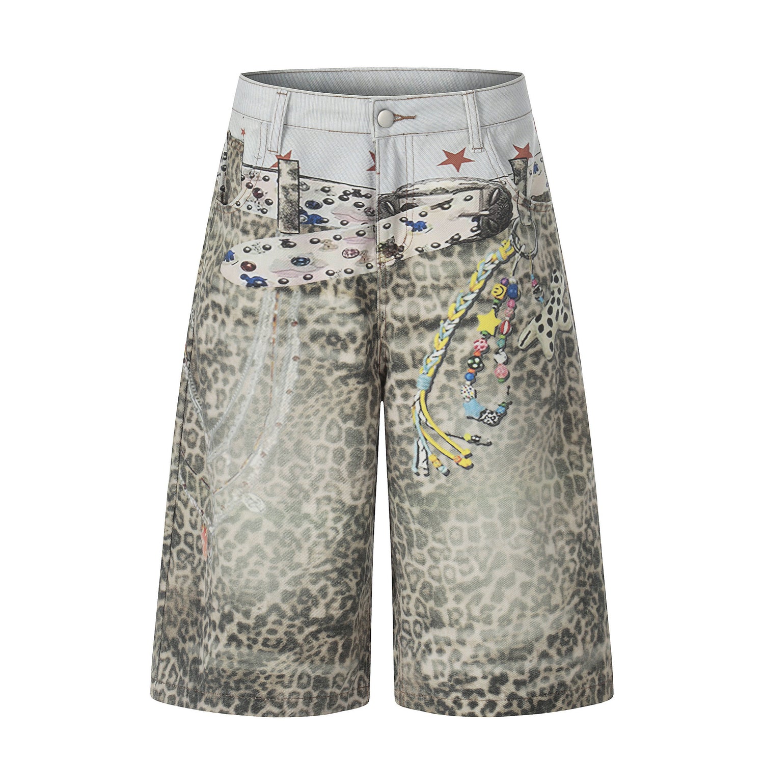Retro Leopard-Print Wide-Leg Cropped Denim Pants Womens Loose Casual Style
