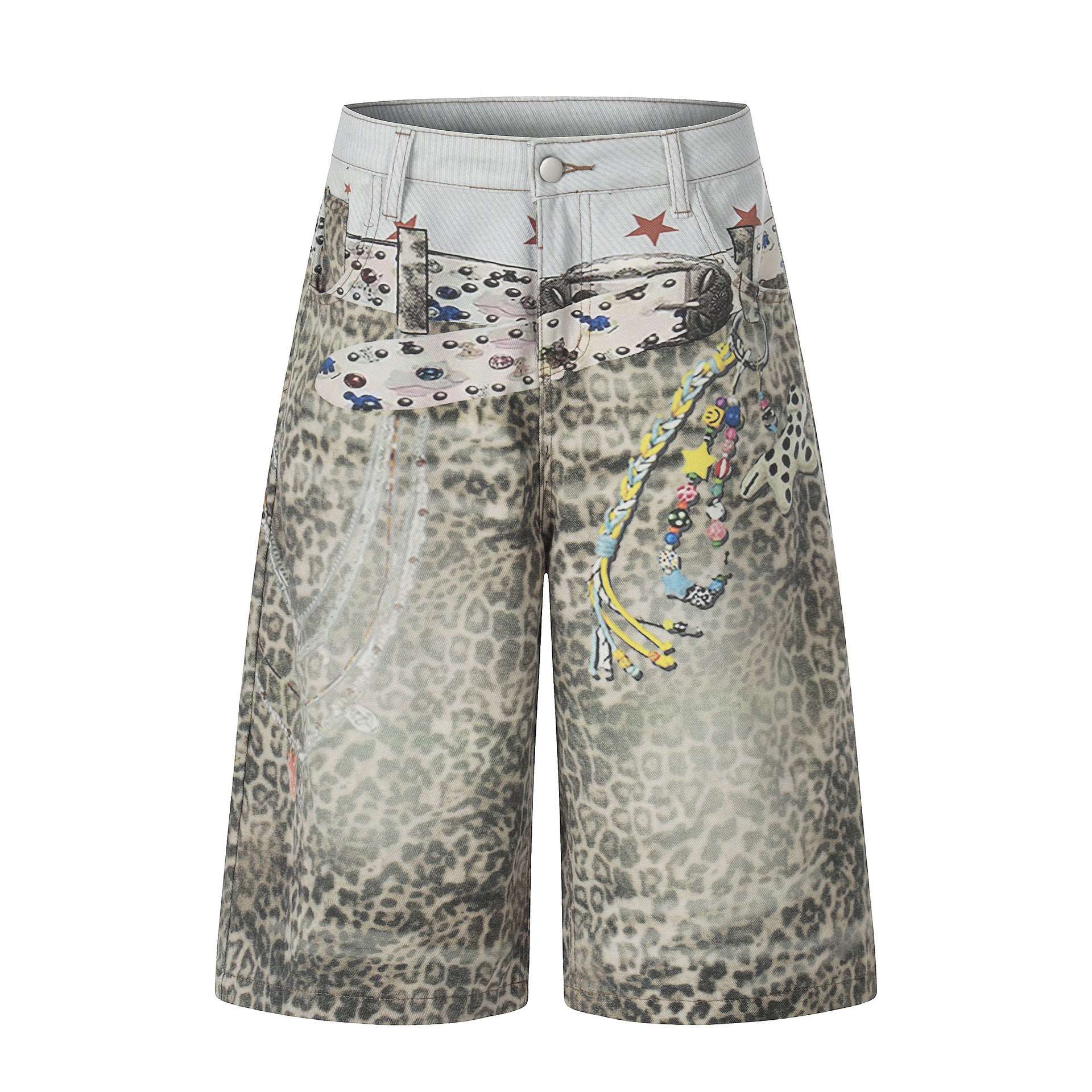 Retro Leopard-Print Wide-Leg Cropped Denim Pants Womens Loose Casual Style