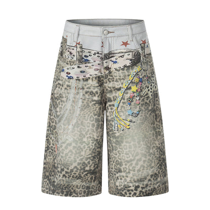 Retro Leopard-Print Wide-Leg Cropped Denim Pants Womens Loose Casual Style