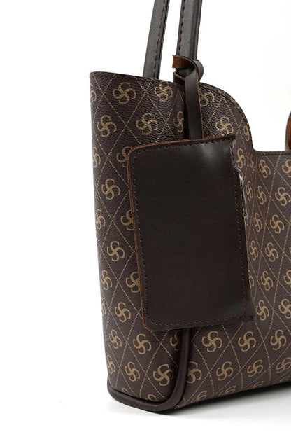 3in1 Monogram Brown Faux Leather Women Hand And Shoulder Bag With Wallet and Makeup Bag