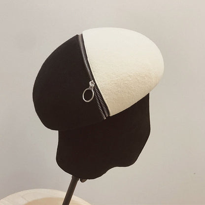 Black and white wool felt hat with zipper and beret