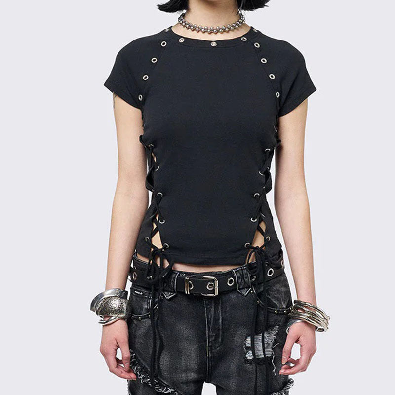 Post-apocalyptic-style Hollow-out Slim-fit Crewneck Short-sleeve Top That Flatters