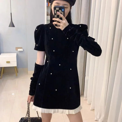 Fashionable Velvet Slim-Fit Elegant Beaded Heavy-Detailed Dress