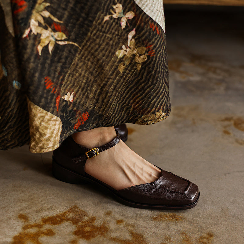 Handmade Full-Grain Sheepskin Mary Jane Sandals, Vintage Square Toe Low Block Heel Shoes