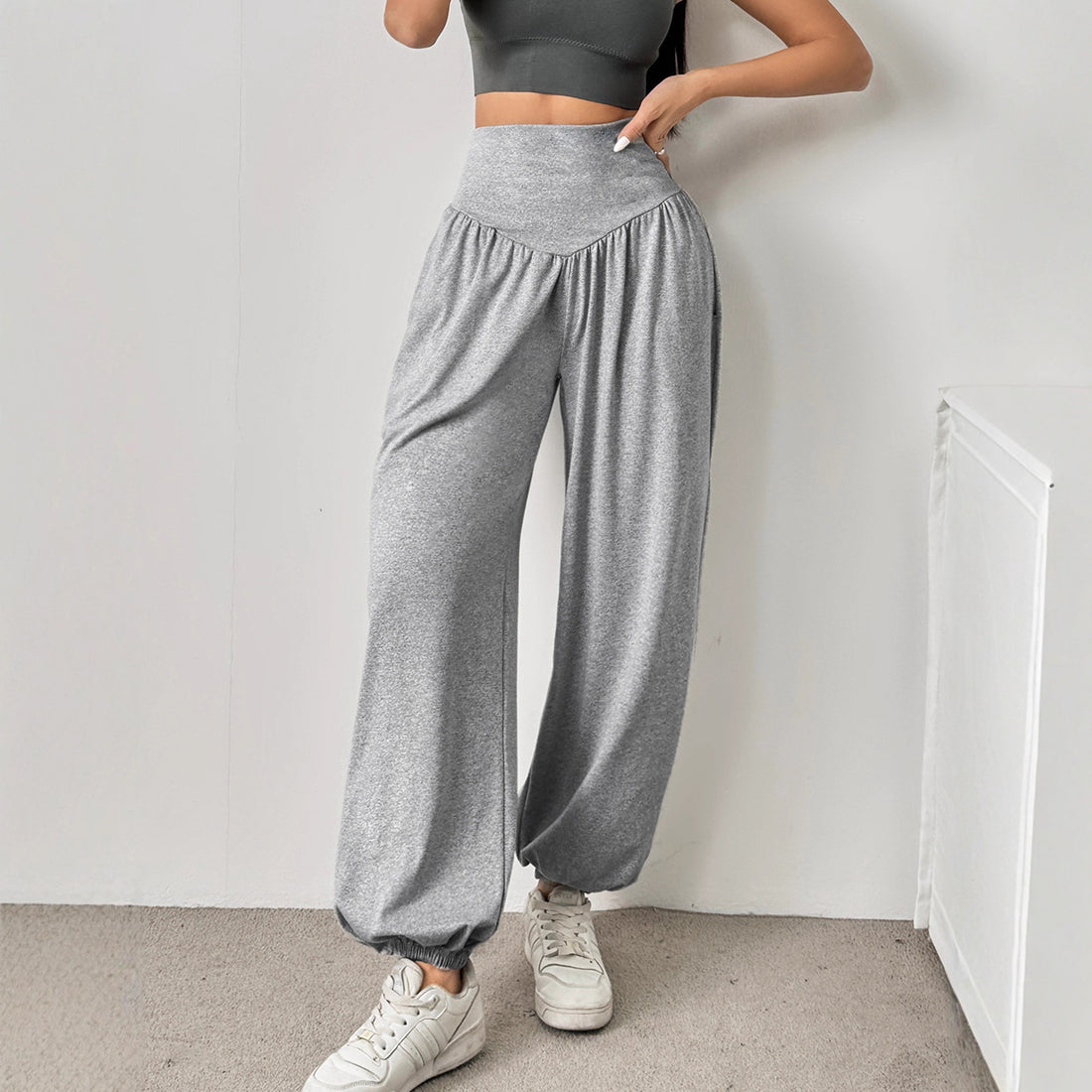 Commuter High-Waist Loose Solid-Color Pockets Drawstring Ankle Pants