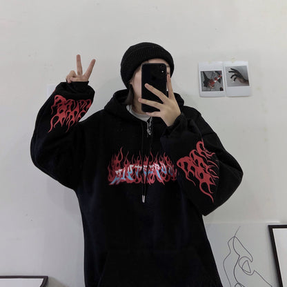 Autumn Fashion Cute Flaming Fire Print Hoodie Woman