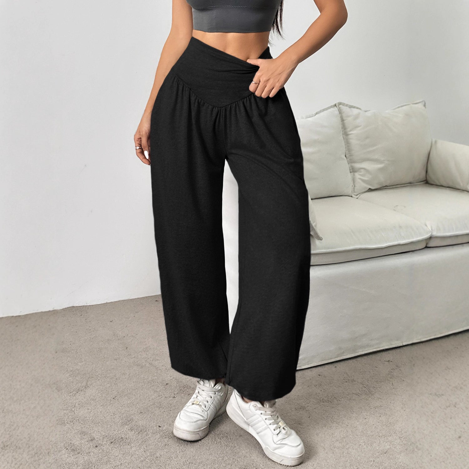 Commuter High-Waist Loose Solid-Color Pockets Drawstring Ankle Pants