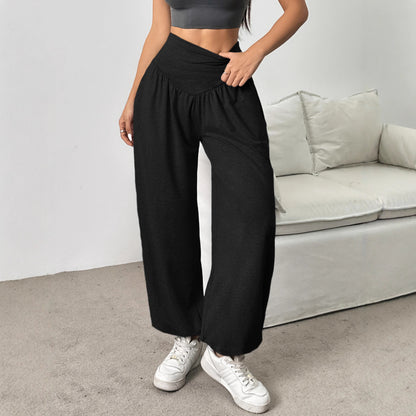 Commuter High-Waist Loose Solid-Color Pockets Drawstring Ankle Pants