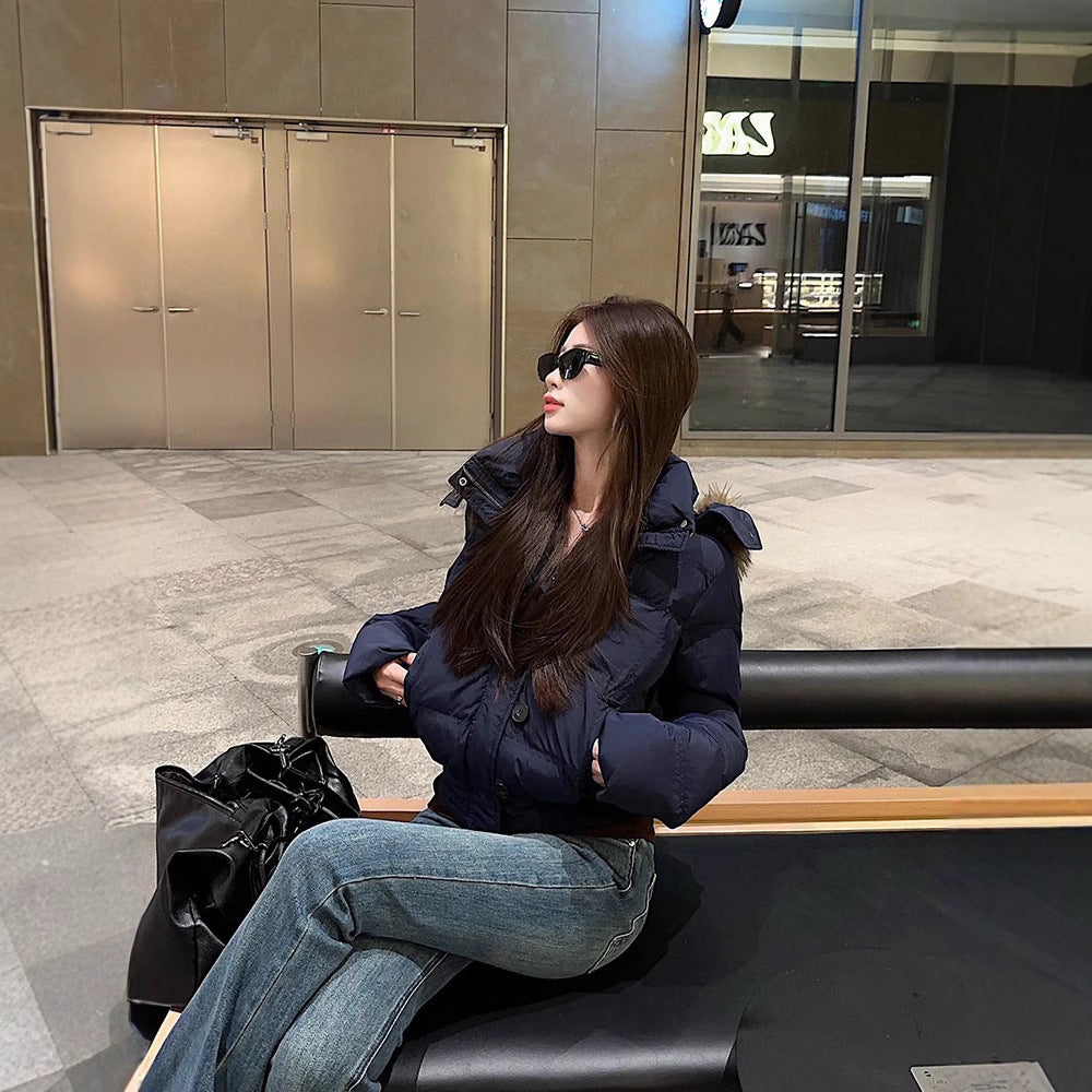 Big Fur Collar Hooded Short Down Jacket Women&