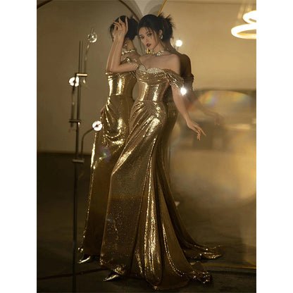 Gold Evening Dress Sequined Off-shoulder Tube Top Toast Dress Bridal Fishtail Dress