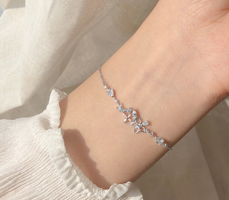 Fashion Korean 925 Sterling Silver Link Chain Crystal Flower Charm Bracelet &amp;Bangle For Women Wedding Jewelry SL113