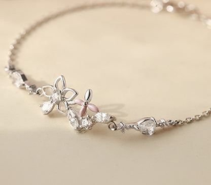 Fashion Korean 925 Sterling Silver Link Chain Crystal Flower Charm Bracelet &amp;Bangle For Women Wedding Jewelry SL113