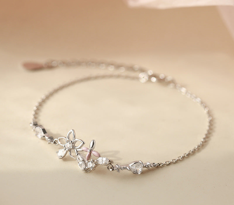 Fashion Korean 925 Sterling Silver Link Chain Crystal Flower Charm Bracelet &amp;Bangle For Women Wedding Jewelry SL113