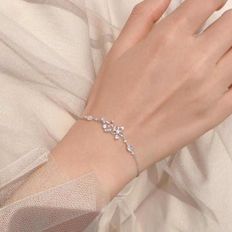 Fashion Korean 925 Sterling Silver Link Chain Crystal Flower Charm Bracelet &amp;Bangle For Women Wedding Jewelry SL113