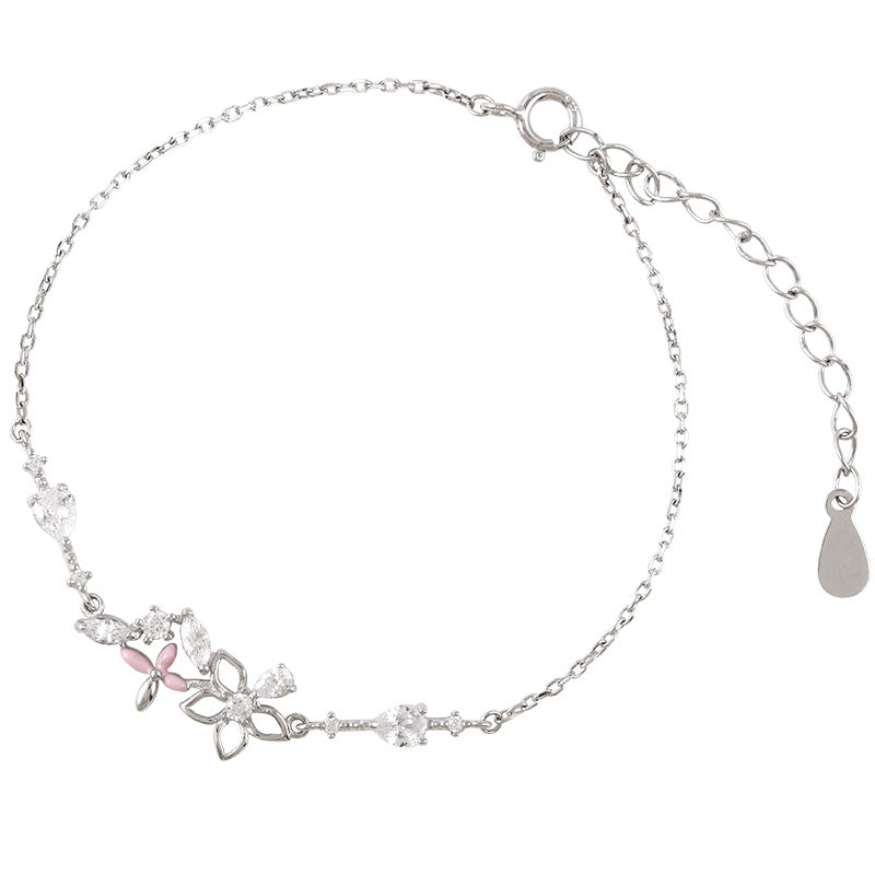 Fashion Korean 925 Sterling Silver Link Chain Crystal Flower Charm Bracelet &amp;Bangle For Women Wedding Jewelry SL113