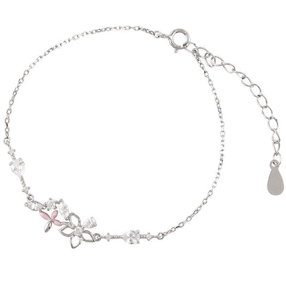 Fashion Korean 925 Sterling Silver Link Chain Crystal Flower Charm Bracelet &amp;Bangle For Women Wedding Jewelry SL113