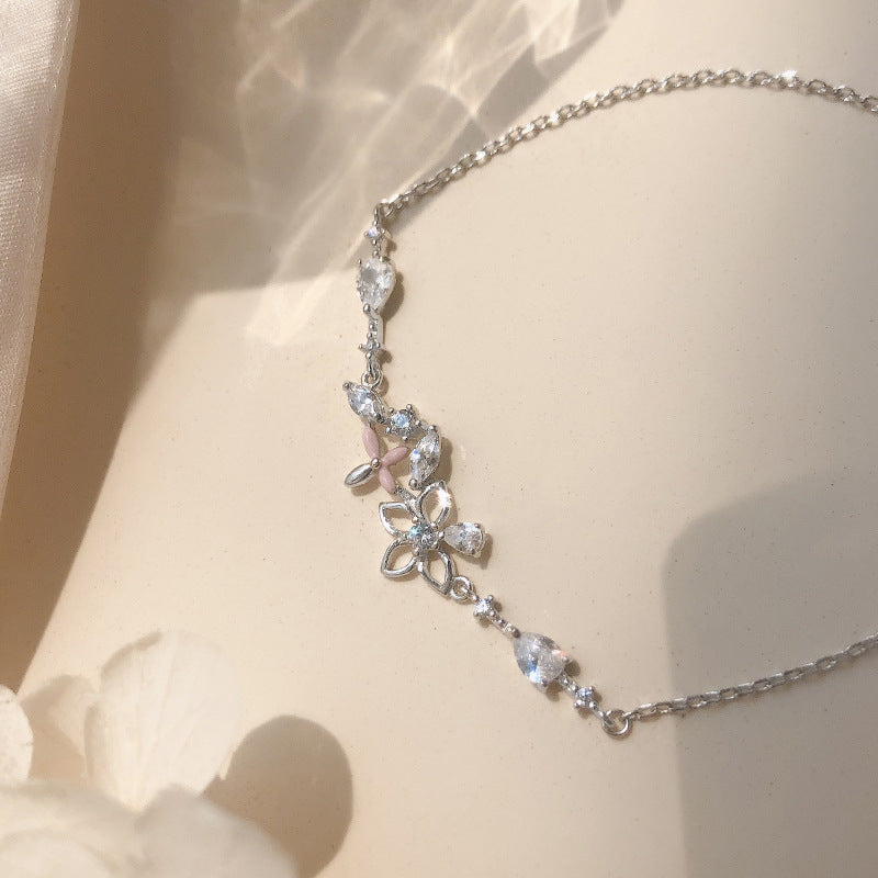 Fashion Korean 925 Sterling Silver Link Chain Crystal Flower Charm Bracelet &amp;Bangle For Women Wedding Jewelry SL113