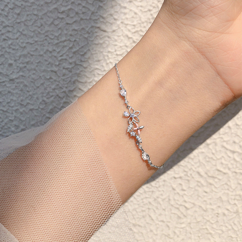 Fashion Korean 925 Sterling Silver Link Chain Crystal Flower Charm Bracelet &amp;Bangle For Women Wedding Jewelry SL113