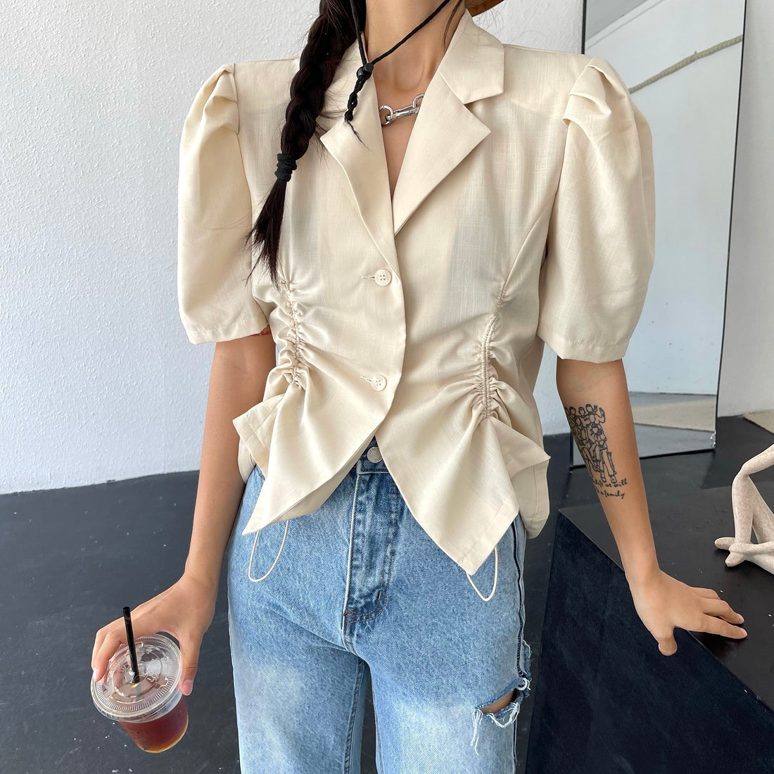 French V-Drawstring Folded Waist Blouse Women&