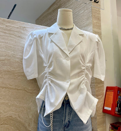 French V-Drawstring Folded Waist Blouse Women&