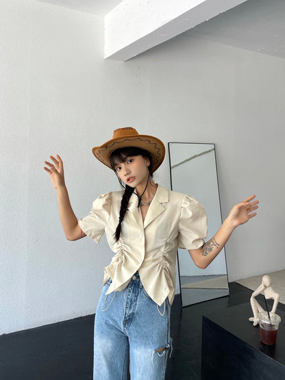 French V-Drawstring Folded Waist Blouse Women&