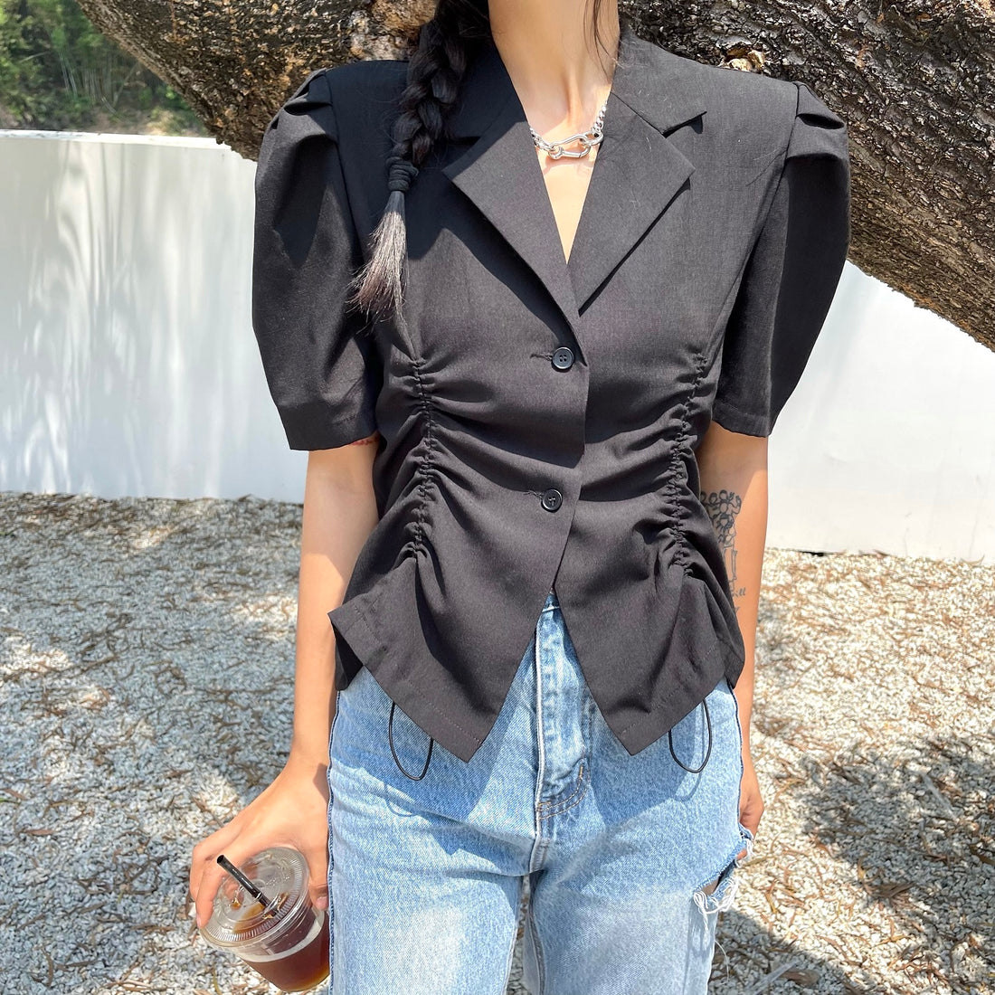 French V-Drawstring Folded Waist Blouse Women&