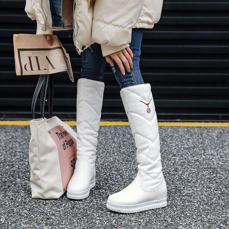 Solid Color Mid-heel Korean Thick Warm High-top Boots