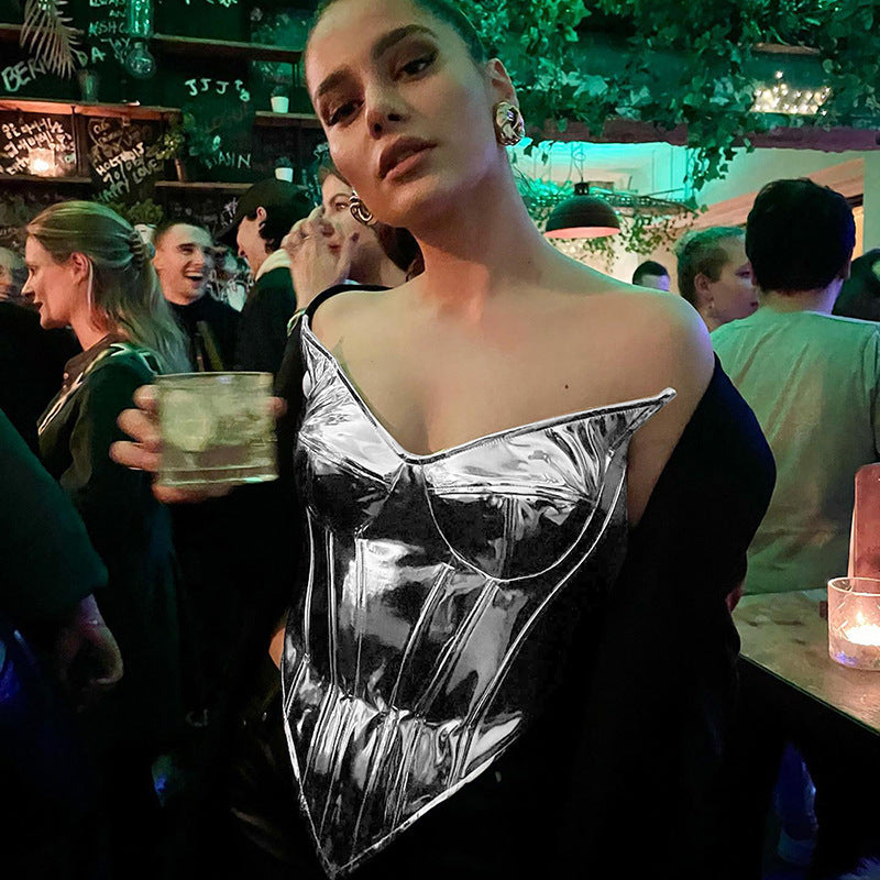 Solid Color Leather Glossy Sleeveless Tube Top Top