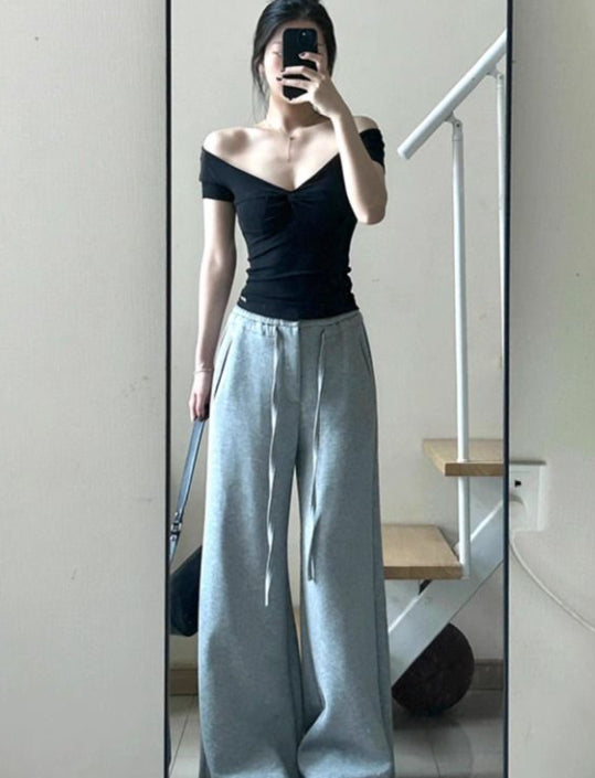 Black Off-shoulder V-neck Short Sleeves