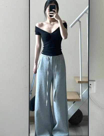 Black Off-shoulder V-neck Short Sleeves