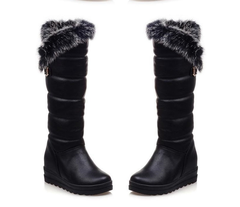 Metal Buckle Rabbit Fur Platform Flat Heel High Boots