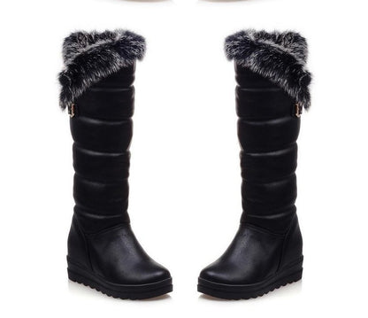 Metal Buckle Rabbit Fur Platform Flat Heel High Boots