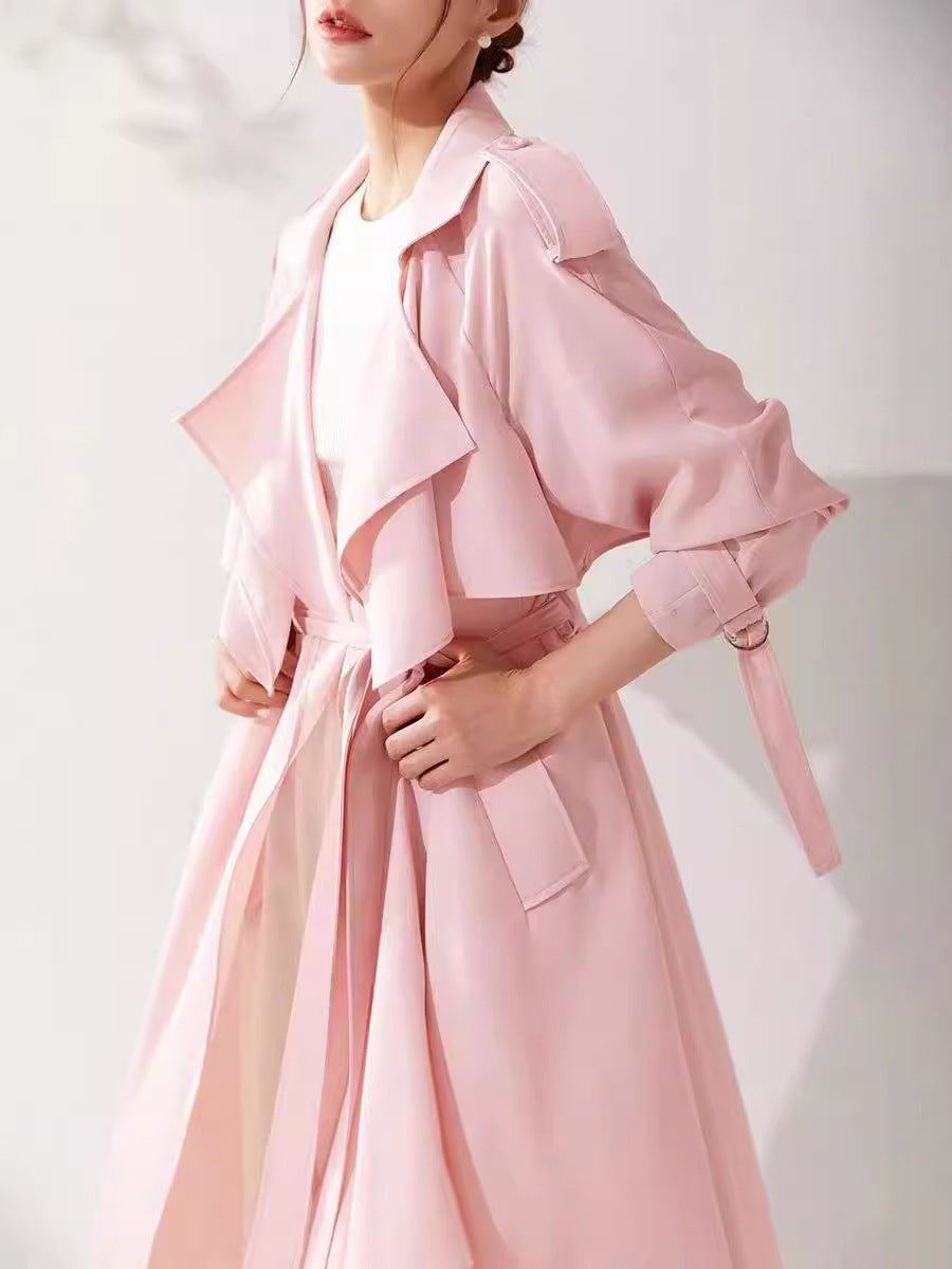 Long Waist-cinching Sheer Flowing Trench Coat