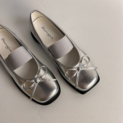 Bow-Knot Genuine Leather Ballet Flats With Thick Soles