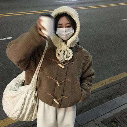 Horn Button Furry Coat Women&
