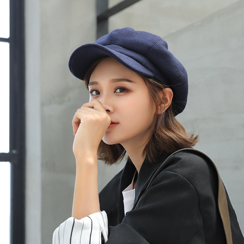 Woolen Octagonal Hat Young Woman Painter Peaked Beret
