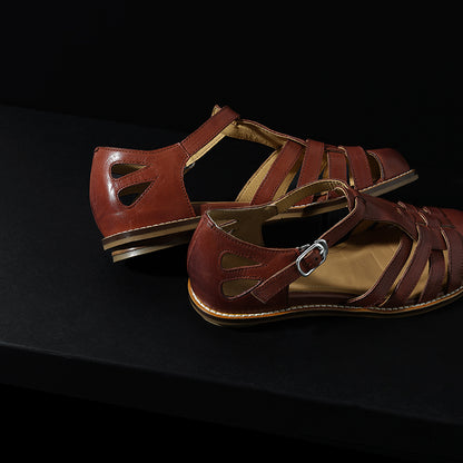 Premium Washed Full Grain Leather Fisherman Sandals, Closed-Toe Woven T-Strap Flats