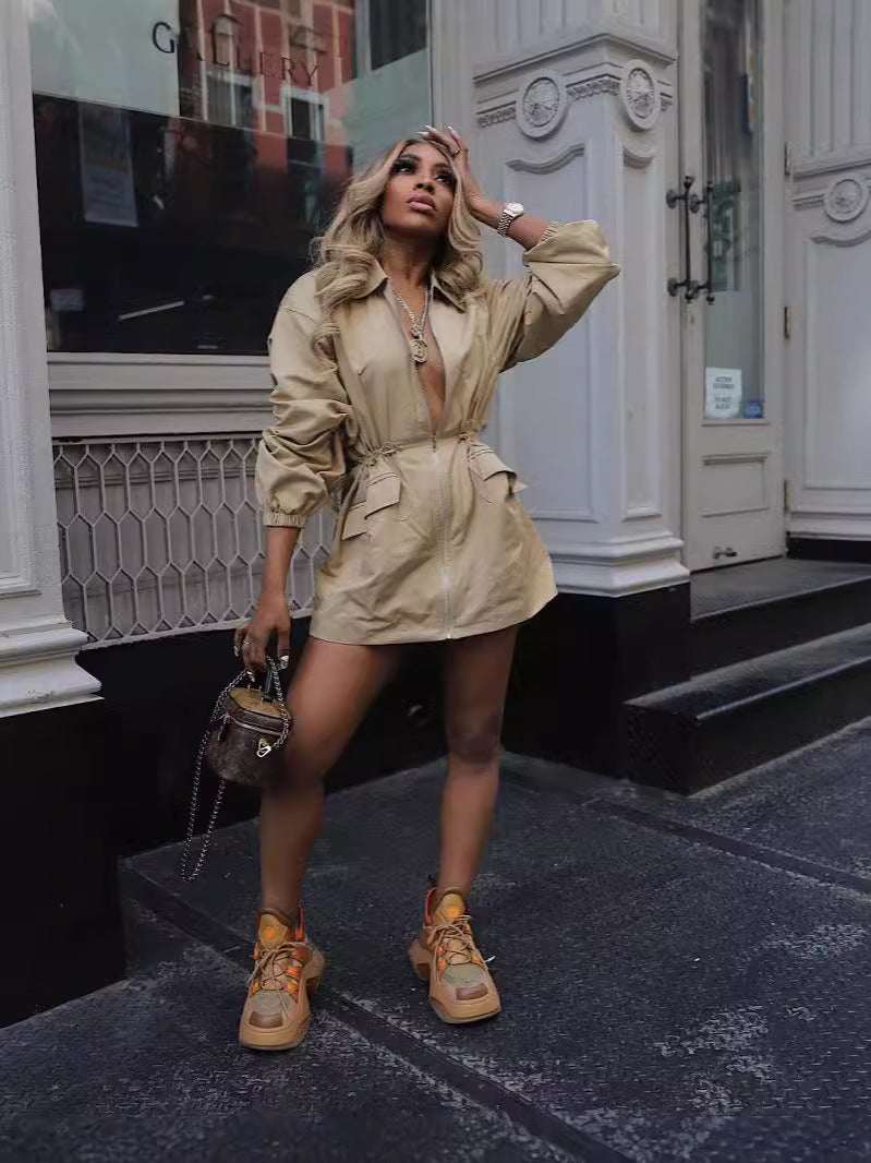 Drawstring Waist Mid-length Trench Coat For Women