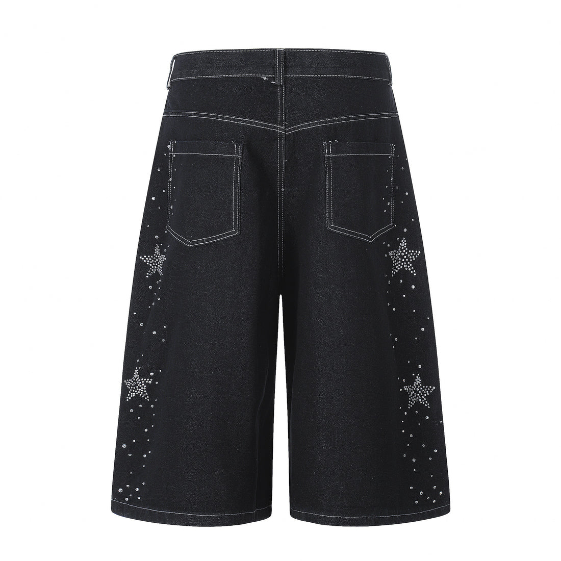 Star-shaped Rhinestone Embellished Capri Denim Shorts Womens Loose-fit